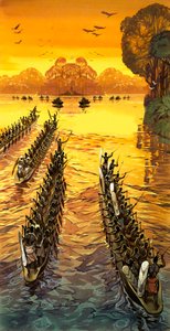 Henry Stanley, auf der Suche nach Livingstone, musste sich feindlichen Stämmen in Kriegskanus stellen von Angus McBride