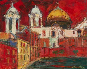 Kathedrale von Cadiz und Gebäude, roter Himmel