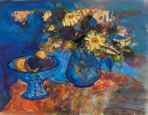 Blumen und Früchte auf Blau und Orange von Ann Oram