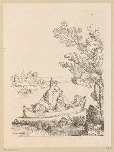 Flusslandschaft mit einem von einer Frau geruderten Boot (Serie: Cabinet du Roy) von Anne Claude Philippe Caylus