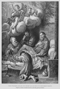 Der heilige Franz von Assisi, von Krankheit geplagt, wird durch den Klang eines himmlischen Instruments geheilt von Annibale (after) Carracci