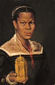 Porträt einer schwarzen Dame, Brustbild, mit einer Korallenkette und einer vergoldeten Tischuhr in der rechten Hand von Annibale (studio of) Carracci