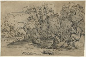 Landschaft mit einem Flötenspielenden Satyr, Frau und Putto von Annibale Carracci (attributed to)
