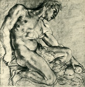 Ein sitzender Ignudo mit einem Kranz von Annibale Carracci