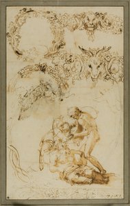 Betrunkener Silenus und dekorative Skizzen: Studien für die Tazza Farnese (recto); Zwei kämpfende Putti: Studie für die Galleria Farnese (verso) von Annibale Carracci