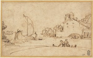 Landschaft mit Figuren an einer Mündung mit Segelbooten von Annibale Carracci