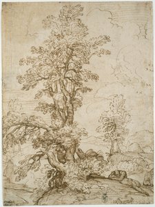 Landschaft mit schlafendem Mann unter Baum (recto); Landschaft mit Reiter (verso)