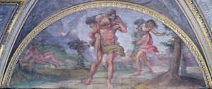 Lunette, die Aeneas zeigt, wie er aus dem brennenden Troja flieht und seinen Vater Anchises trägt, gefolgt von Ascanius, der seine Mutter trägt, aus dem Camerino, 1596 von Annibale Carracci