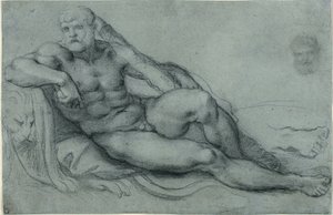 Studie von Herkules im Ruhen, mit separaten Studien seines Kopfes und Fußes (recto); Rechteckiges Gitterdesign (verso) von Annibale Carracci