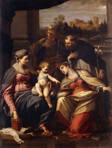 Die Madonna und das Kind mit den Heiligen Lucia, Dominikus und Ludwig von Frankreich, eine Landschaft mit einer Stadt durch ein Fenster im Hintergrund