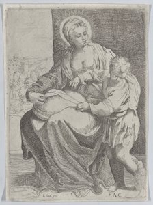 Die Jungfrau sitzt und hält ein Kissen auf ihrem Schoß, mit dem jungen Christus rechts stehend von Annibale Carracci