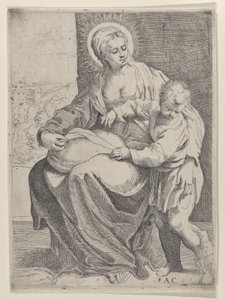 Die Jungfrau sitzt und hält ein Kissen auf ihrem Schoß mit dem jungen Christus, der rechts steht..., 1580-1600 von Annibale Carracci