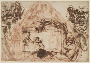 Entwurf für die Dekoration einer Gewölbekappe. Für die Galleria Farnese, Palazzo Farnese in Rom. Außerdem Entwurf für zwei Mascheroni von Annibale Carracci