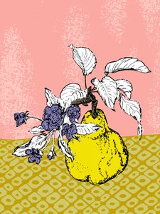 Gelbe Birne und Blumen