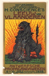 Plakat zur Feier des hundertjährigen Jubiläums der Veröffentlichung von De Leeuw van Vlaanderen von Henri Conscience von Anonymous