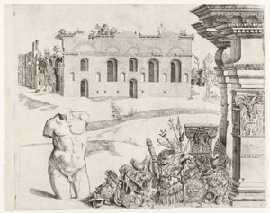 Architekturcapriccio mit Spolia, ein männlicher Torso und ein Blick auf die Thermen von Diokletian von Anonymous