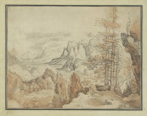 Berglandschaft mit Bäumen und Blick ins Tal von Anonymous