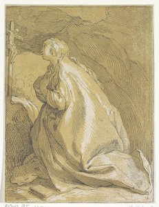 Büßende Maria Magdalena in der Grotte kniend vor einem Kruzifix
