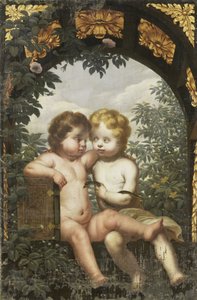 Christliche Allegorie mit zwei Kindern mit einer Bibel und einer Schlange von Anonymous