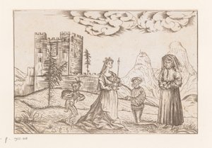 Drei Personen und ein Teufel in einer Landschaft vor einem Schloss von Anonymous