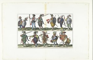 Doppelseite mit zwölf bewaffneten Bürgern in Uniform nach der Mode in Antwerpen, ca. 1580 von Anonymous