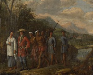Niederländischer Kaufmann mit Sklaven in den Hügeln der Ostindien von Anonymous