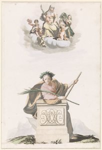 Figur, die sich auf eine Steinsäule lehnt, mit Initialen und Maria auf den Wolken von Anonymous