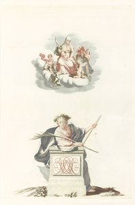 Figur, die sich auf eine Steinsäule mit Initialen lehnt, und Maria auf den Wolken von Anonymous