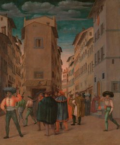 Florentinische Straßenszene mit zwölf Figuren (Beherbergung des Reisenden, eines der sieben Werke der Barmherzigkeit)