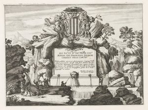Brunnen mit Widmung und Wappen von Giovanni Francesco Negroni