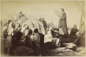 Fotoreproduktion einer (vermutlich) Druckgrafik von Jesus, der aus einem Boot predigt