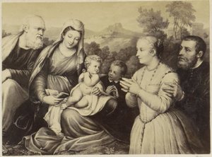 Fotoreproduktion einer (vermutlich) Druckgrafik der Heiligen Familie und Stifter