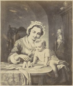 Fotoreproduktion einer (vermutlich) Druckgrafik einer Mutter, die mit ihrem Kind ein Kartenhaus baut