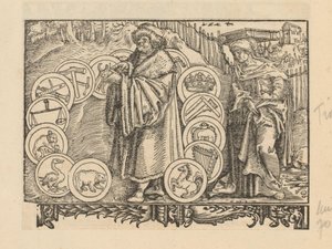 Gelehrter umgeben von Emblemen mit Heraldik und der Personifikation der Weisheit von Anonymous