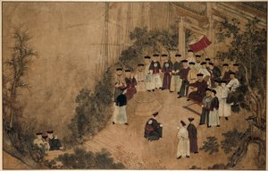 General Shi Lang mit einer Gesellschaft von Würdenträgern an einem Brunnen am Meer