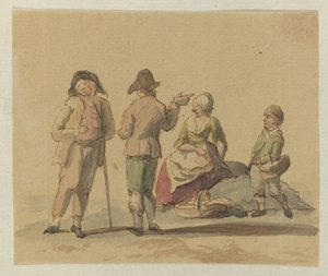 Gesellschaft von drei stehenden Männern und einer sitzenden Frau