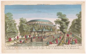 Ansicht des Kanals und des chinesischen Pavillons im Ranelagh Gardens in London mit einem Maskenball