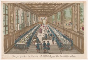 Ansicht des Speisesaals des Hôtel des Invalides in Paris mit einer Gesellschaft beim Essen