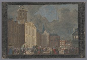 Ansicht des Rathauses in Amsterdam mit der Ankunft von Wilhelm V. und Wilhelmina von Preußen auf dem Dam am 31. Mai 1768 von Anonymous