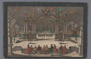 Gezicht op vuurwerk en een triomfboog met een tweekoppige adelaar en de naam van Jozef II, Duits keizer