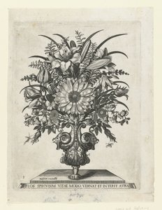 Groteske Vase mit Blumen, darunter eine Sonnenblume von Anonymous