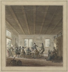 Wirtshausinterieur mit einer Gruppe kartenspielender und trinkender Bauern