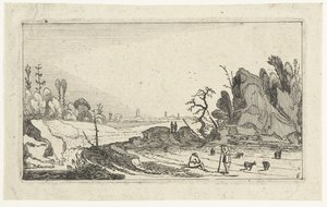 Hirten mit Schafen bei Felsen