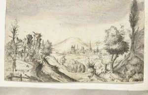 Hügelige Landschaft mit Jäger und Ruine von Anonymous