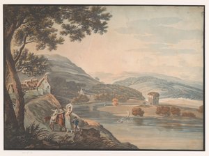 Hügelige Landschaft mit Fluss und Familie mit Pferd auf einem Pfad von Anonymous
