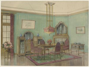 Esszimmerinterieur mit Eckkamin
