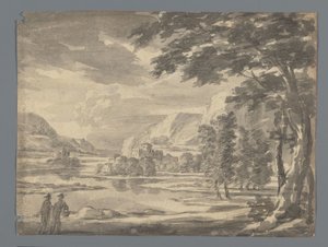 Italienische Landschaft mit zwei Figuren im Vordergrund links von Anonymous