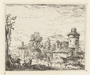 Italianisierende Landschaft mit rundem Turm und zwei Ziegen