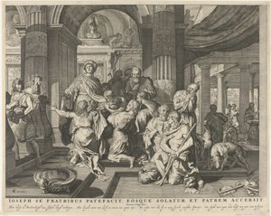 Josef offenbart sich seinen Brüdern (Ioseph se fratribus patefacit, eosque solatur et patrem accersit) (Royaalbijbel) von Anonymous