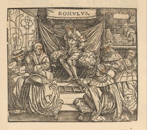 Julius Caesar in einer Ratsversammlung und Cicero schreibend im Hintergrund von Anonymous